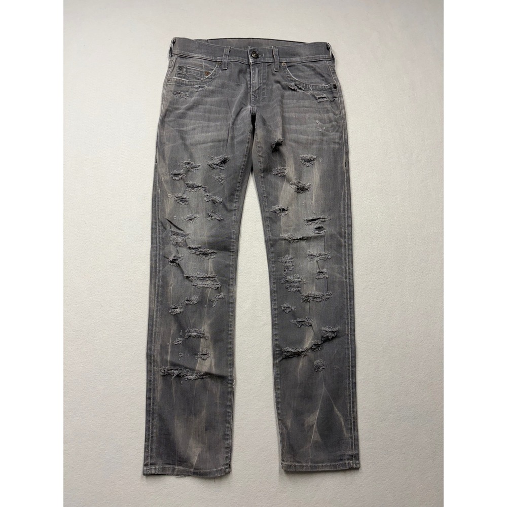 True Religion Jeans Mens 30 Gray Geno Slim Distressed Ripped Made in USA Denim
